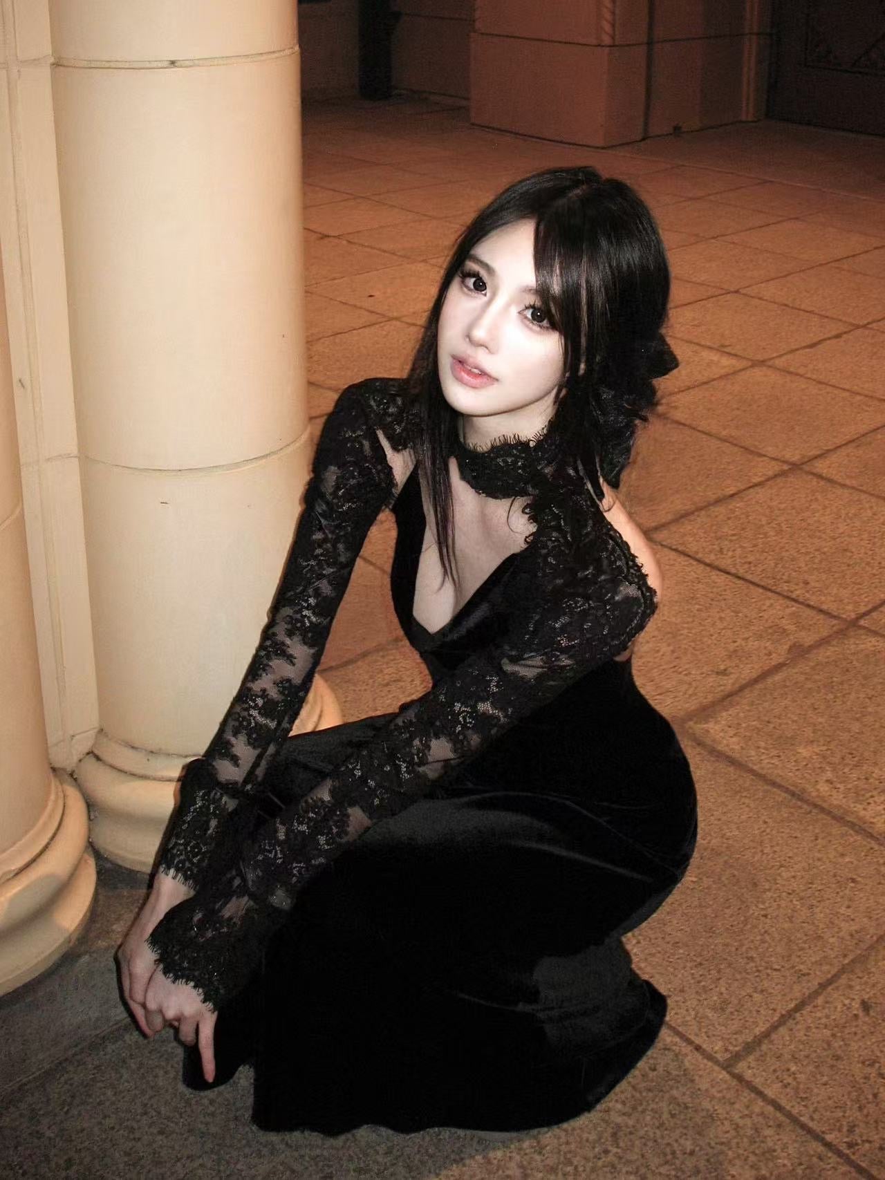 Tsuki | Velvet Maxi Dress with Chain (Black)