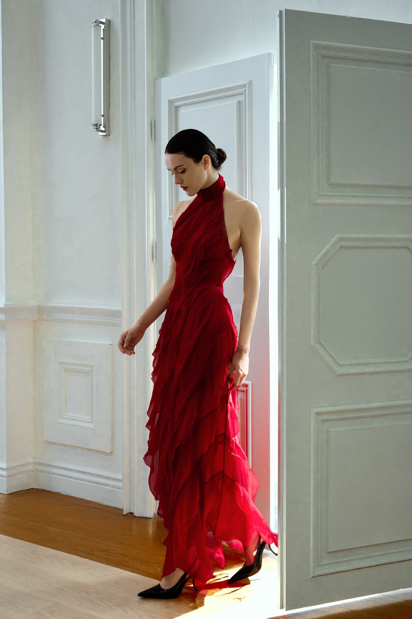 Tsuki | Halter Backless Ruffled Tiered Maxi Dress (Klein Blue/Burgundy Red)