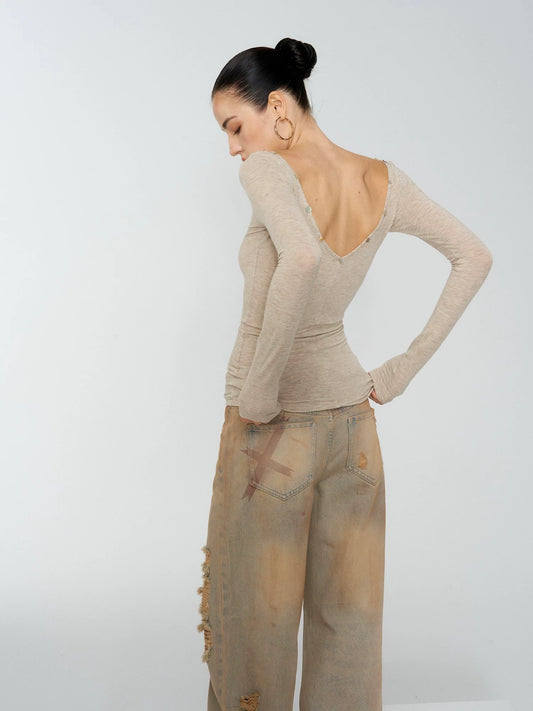 4muggle | Khaki V-Neck Rhinestone Button 2 Way Long-Sleeve Top