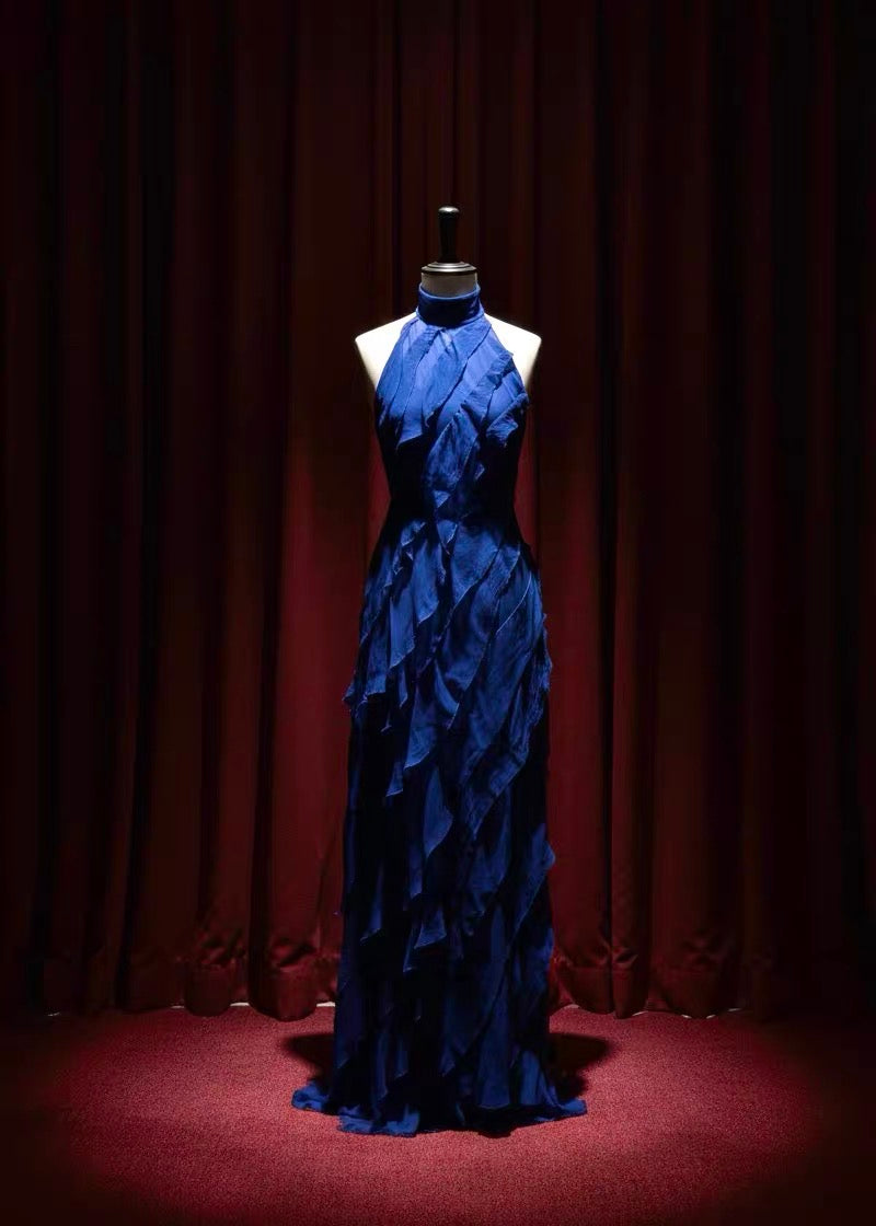 Tsuki | Halter Backless Ruffled Tiered Maxi Dress (Klein Blue/Burgundy Red)