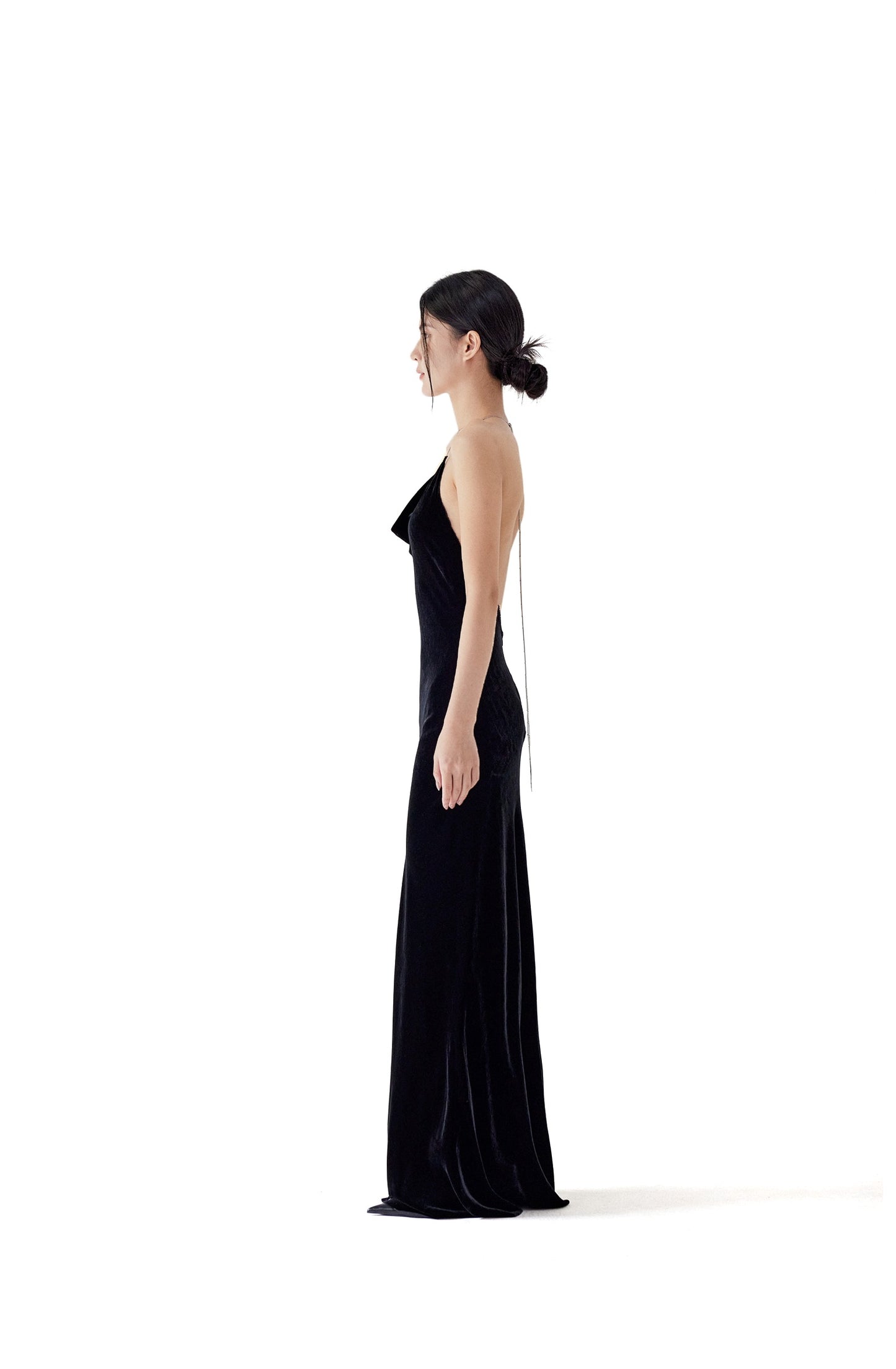 Tsuki | Velvet Maxi Dress with Chain (Black)