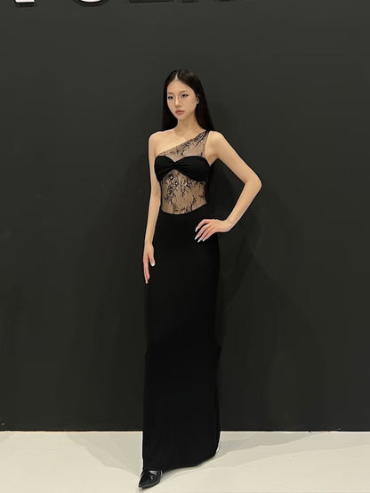 Tsuki | One Shoulder Maxi Dress with Lace Panels