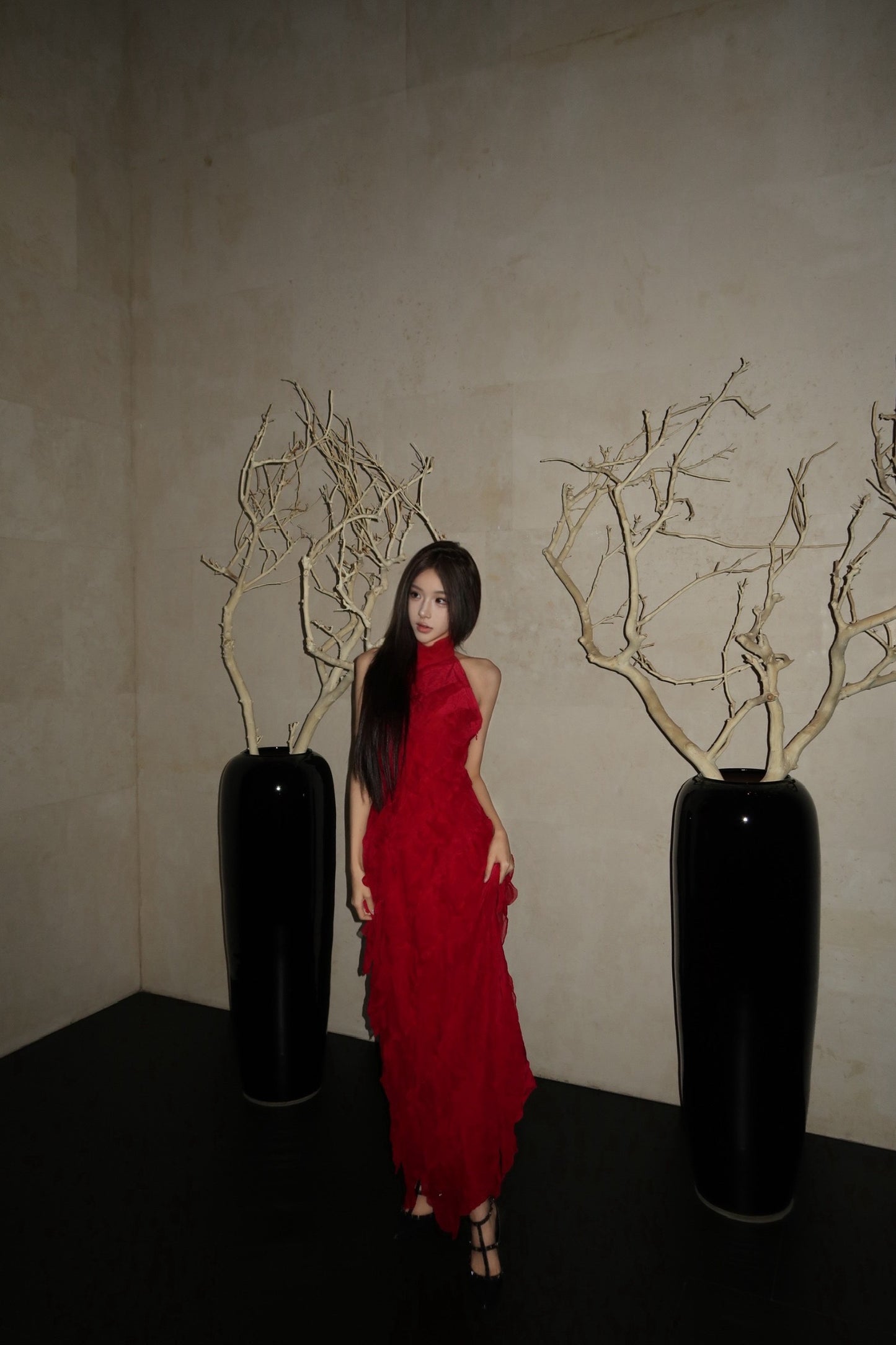 Tsuki | Halter Backless Ruffled Tiered Maxi Dress (Klein Blue/Burgundy Red)