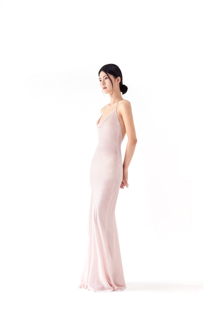 Tsuki | Velvet Maxi Dress with Chain (Sakura Pink)