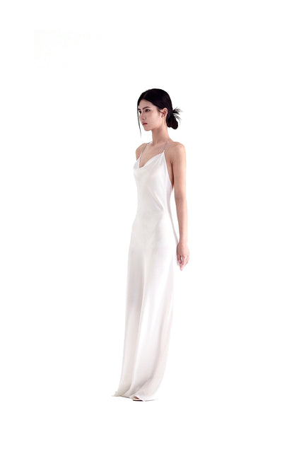 Tsuki | Satin Maxi Dress with Chain (White)