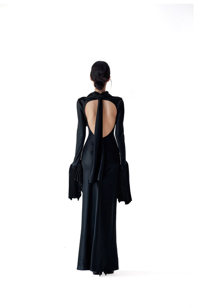 Tsuki | Backless Maxi Dress with Ruffled Sleeves (Black)