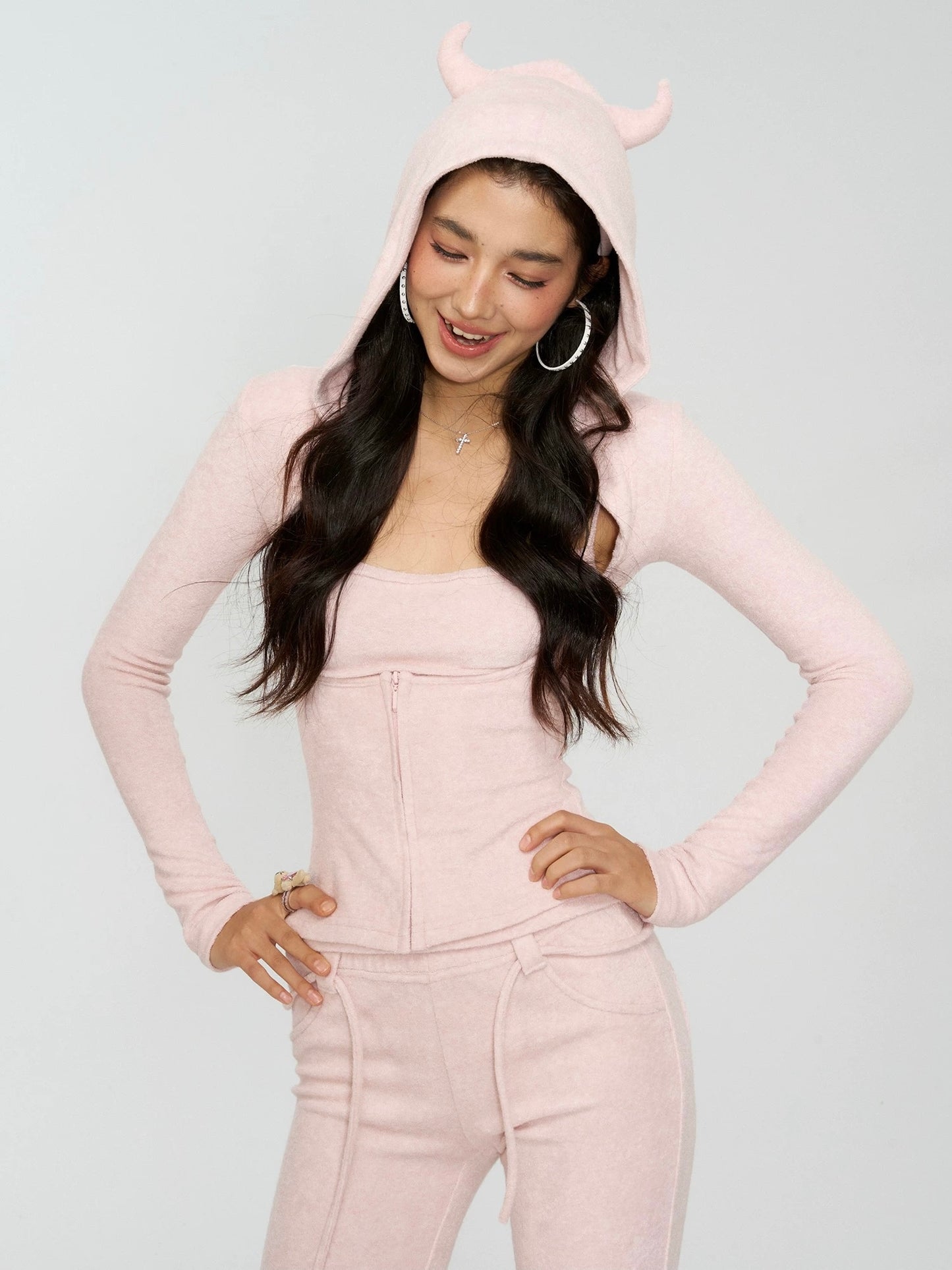 4muggle | Terry Cloth Devil Horn Hoodie, Cami & Flared Pants 3-Piece Set (2 Color)