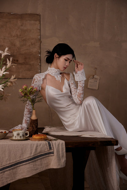 Tsuki | Satin Maxi Dress with Chain (White)