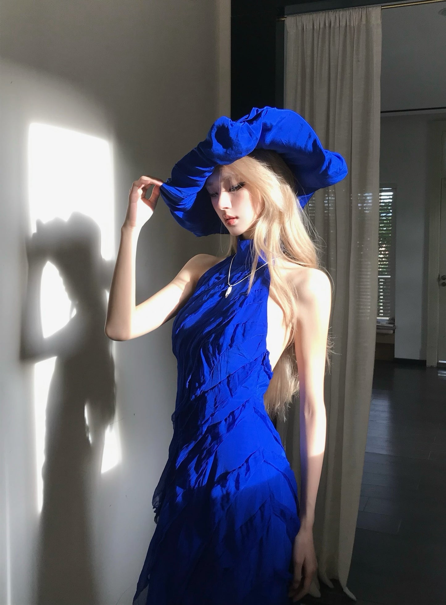 Tsuki | Halter Backless Ruffled Tiered Maxi Dress (Klein Blue/Burgundy Red)