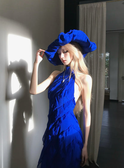 Tsuki | Halter Backless Ruffled Tiered Maxi Dress (Klein Blue/Burgundy Red)