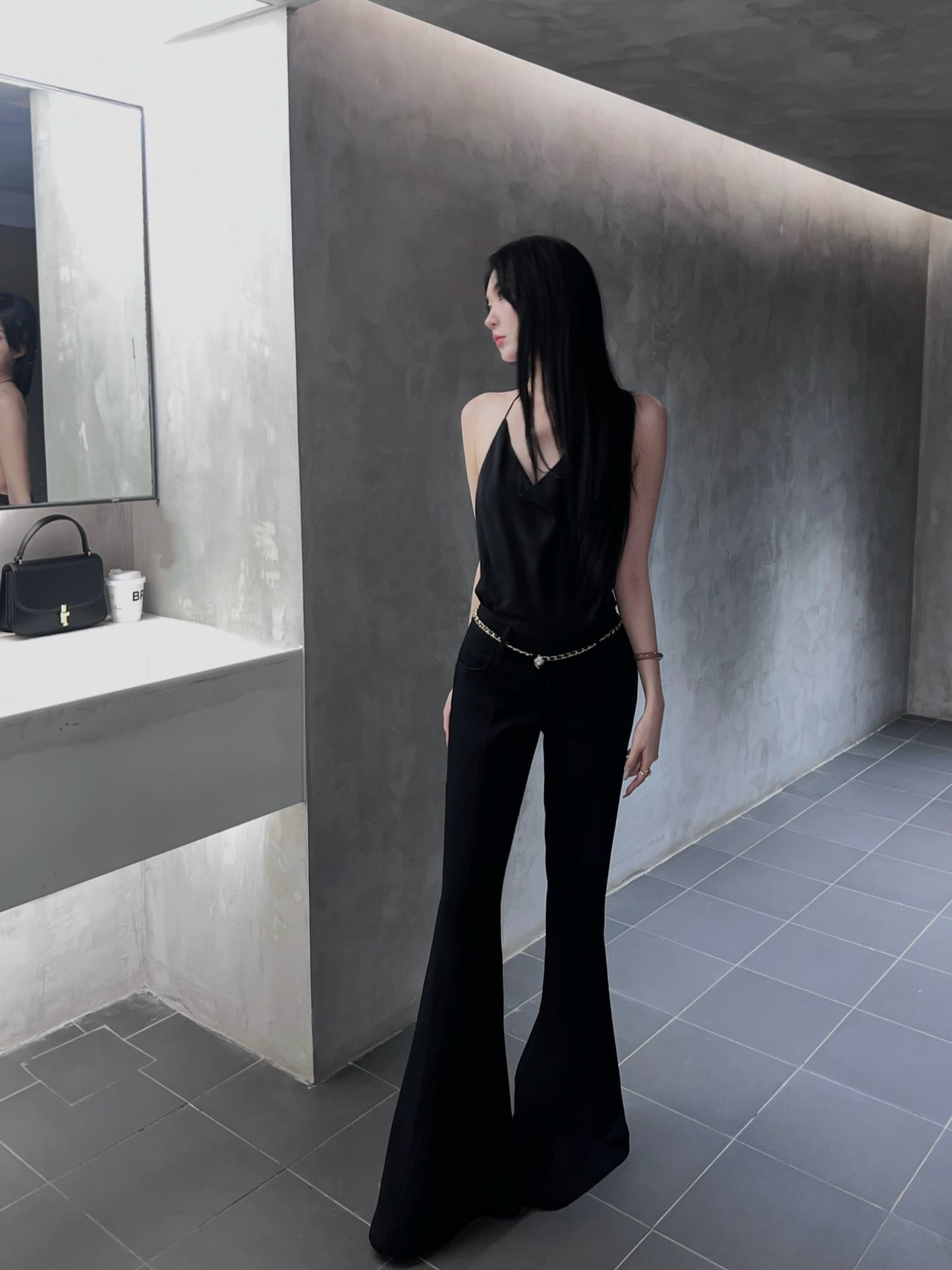 Tsuki | Halter Neck Backless Top + Low-Rise Bootcut Pants (Black)