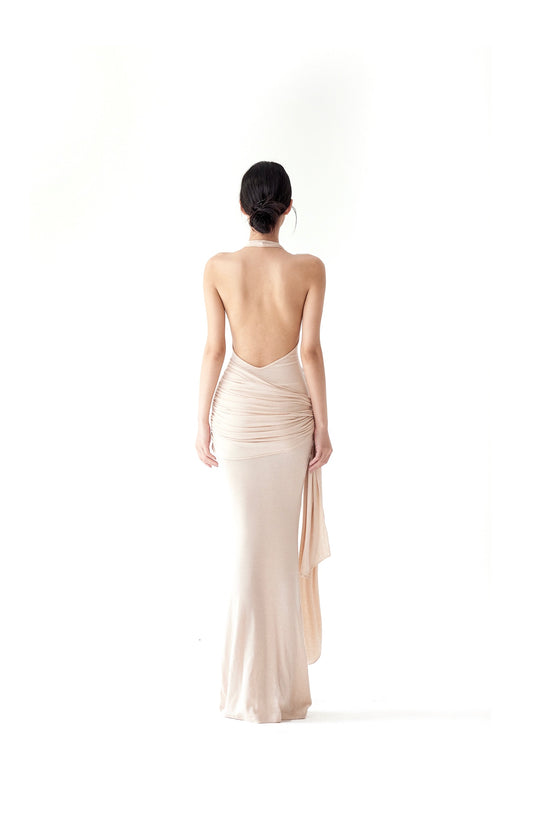 Tsuki | Asymmetric Halter Neck Backless Maxi Dress (Nude)