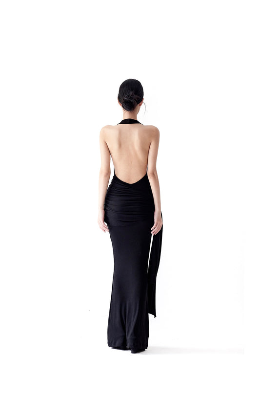 Tsuki | Asymmetric Halter Neck Backless Maxi Dress (Black)