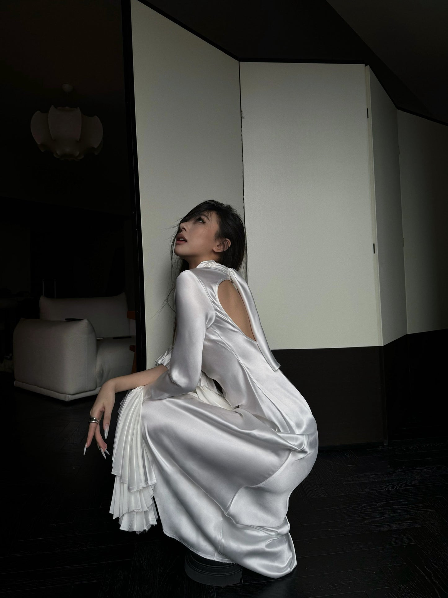 Tsuki | Backless Maxi Dress with Ruffled Sleeves (White)