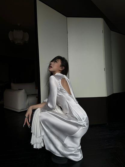Tsuki | Backless Maxi Dress with Ruffled Sleeves (White)