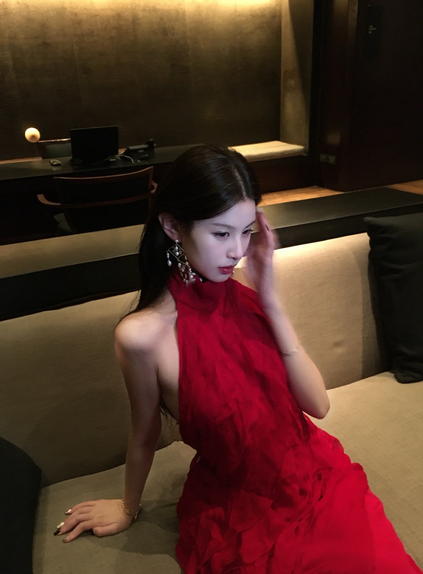 Tsuki | Halter Backless Ruffled Tiered Maxi Dress (Klein Blue/Burgundy Red)