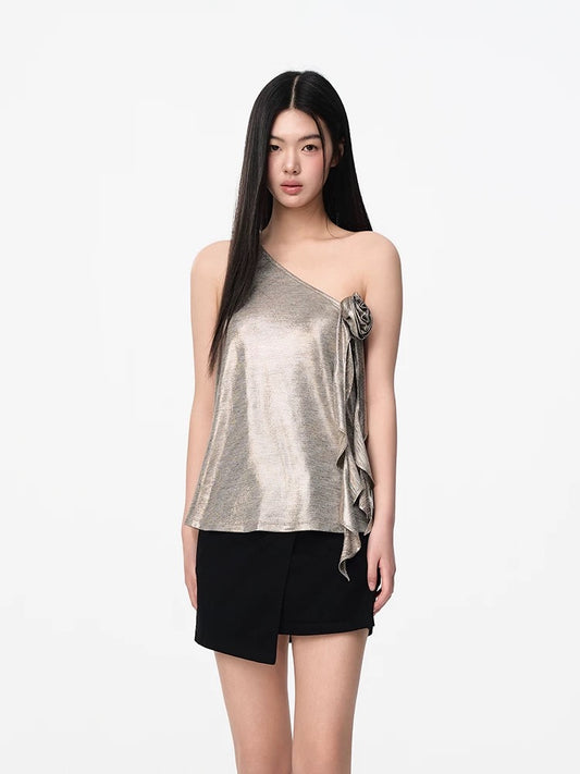 Jac Fleurant | One-Shoulder Sequin Floral Draped Top