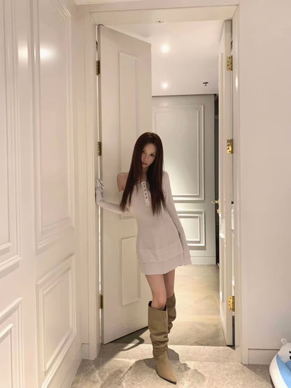 CSFC | Cozy Off-Shoulder Henley Dress (2 Color)