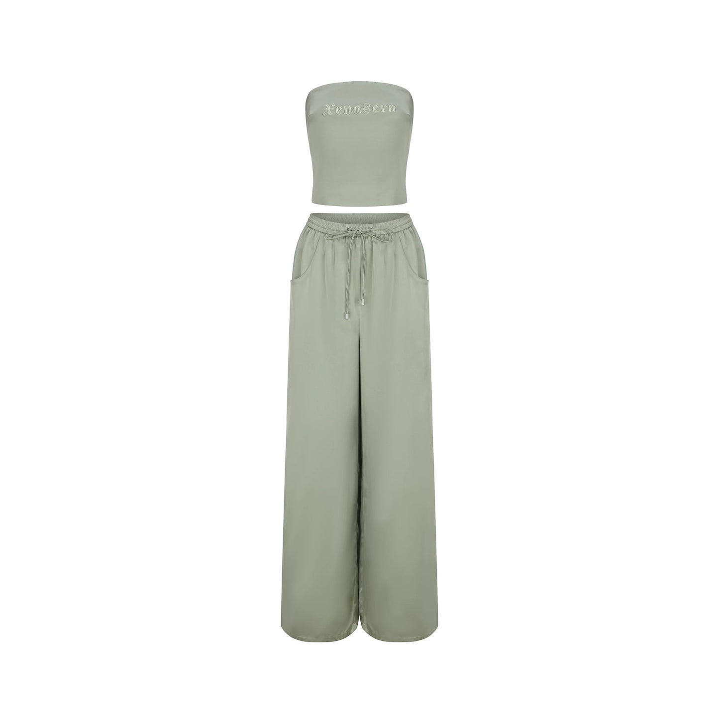 XENASERA | Strapless Top and Pants Set with Satin and Mesh Panels (Matcha Green)