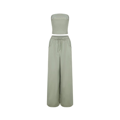 XENASERA | Strapless Top and Pants Set with Satin and Mesh Panels (Matcha Green)