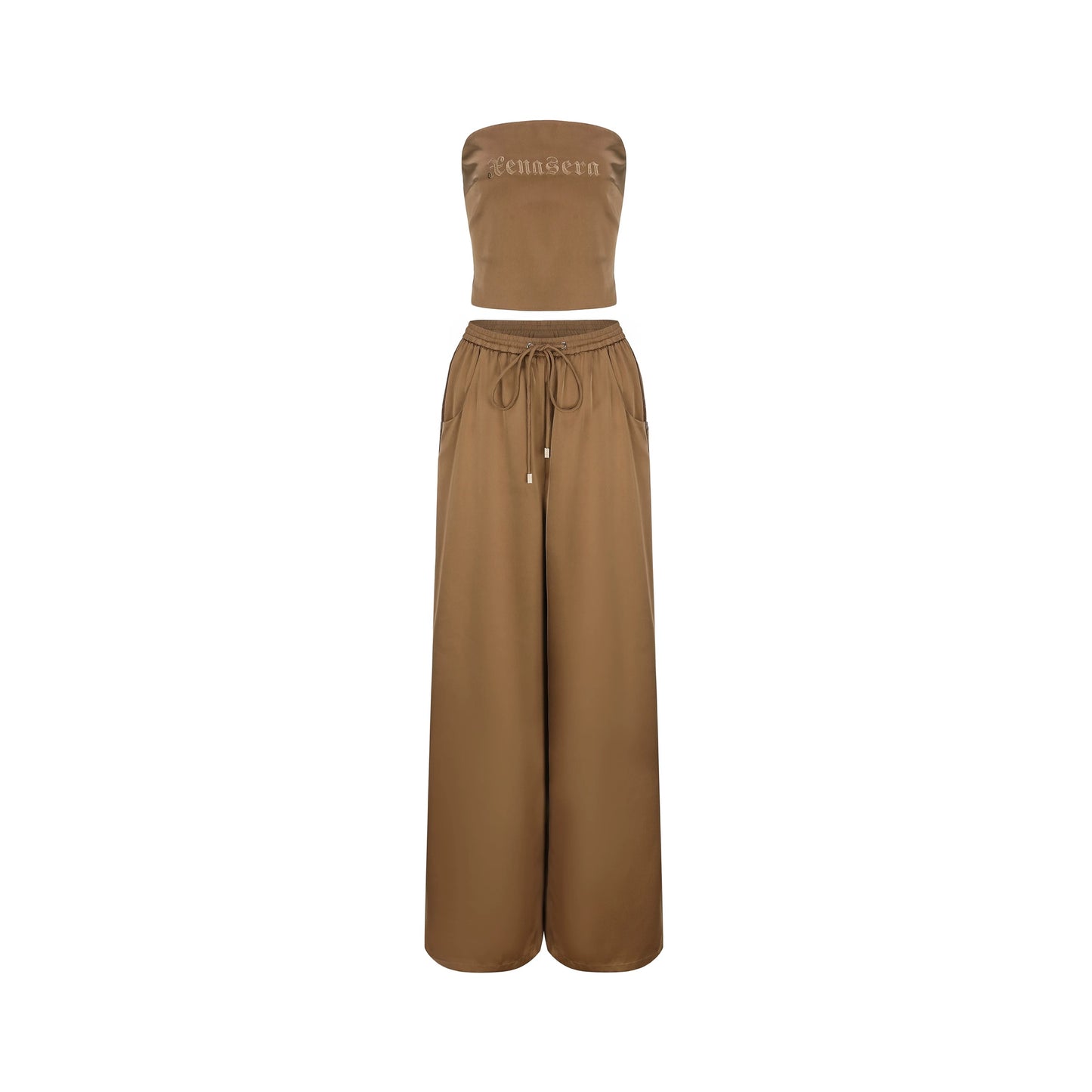 XENASERA | Strapless Top and Pants Set with Satin and Mesh Panels (Amber)