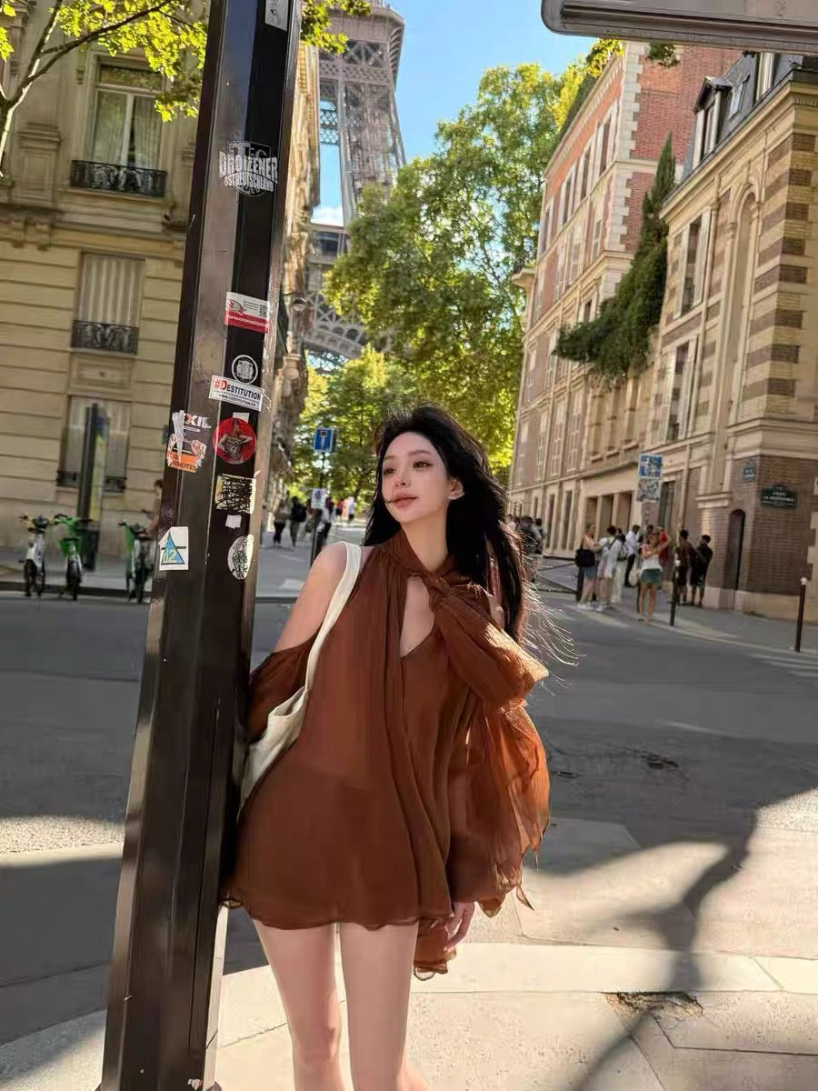 Artel Retro | Airy Sheer Backless Top (Brown)