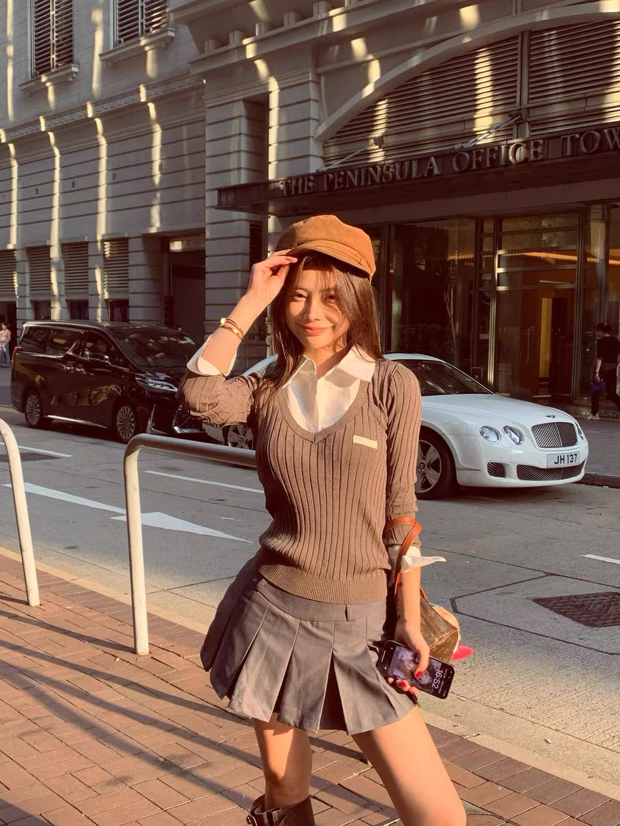 F1os | Two-Piece Set with Layered Polo Neck Top & Pleated Skirt