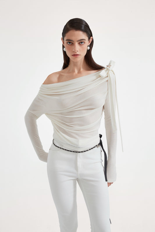 KINGWEN | One-Shoulder Draped Top with Bow Tie (3 Color)
