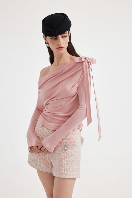 KINGWEN | One-Shoulder Draped Top with Bow Tie (3 Color)