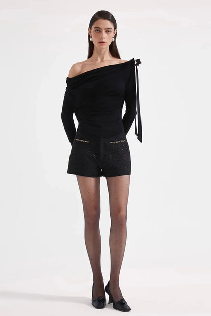 KINGWEN | One-Shoulder Draped Top with Bow Tie (3 Color)