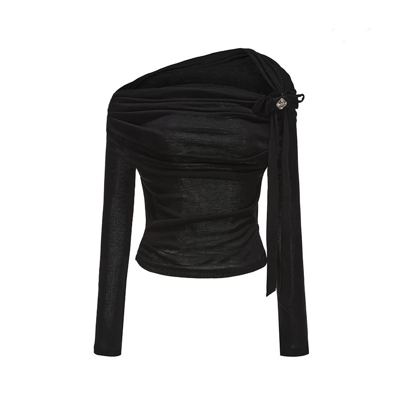KINGWEN | One-Shoulder Draped Top with Bow Tie (3 Color)