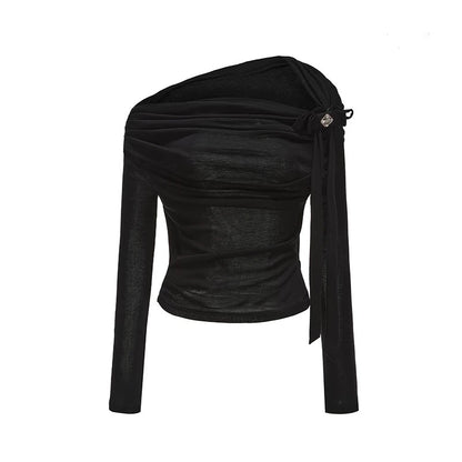 KINGWEN | One-Shoulder Draped Top with Bow Tie (3 Color)