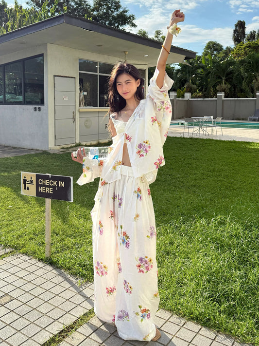 RunRunSweet | Tencel Ramie Botanical Floral Set (Shirt + Pants + Camisole Top)