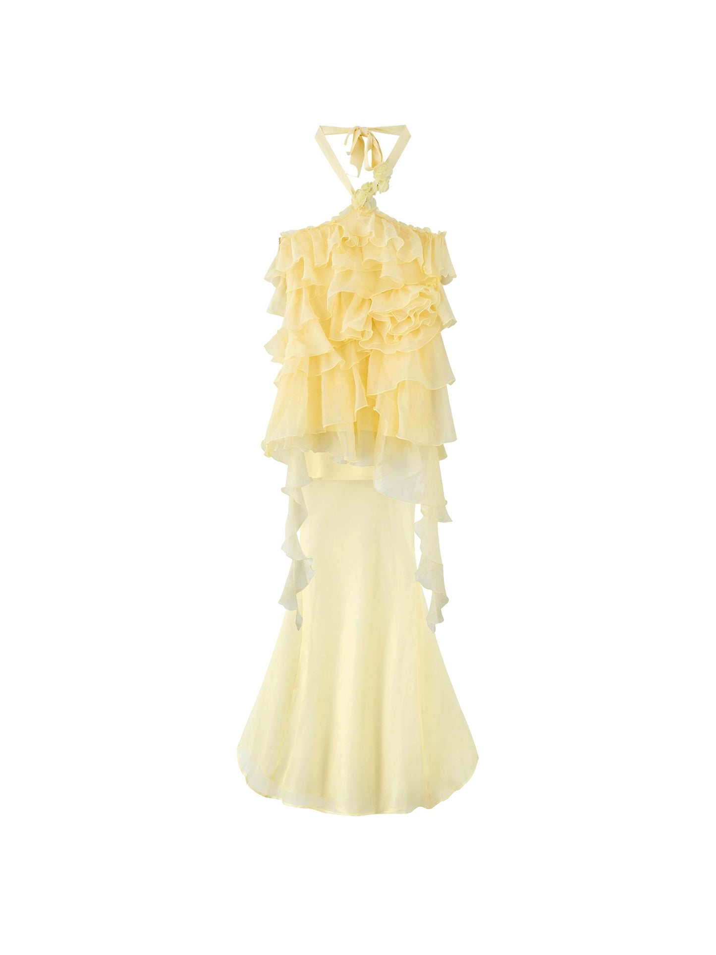 RunRunSweet | Asymmetric Mesh Rose Halter Two-Piece Mermaid Dress (2 Color)