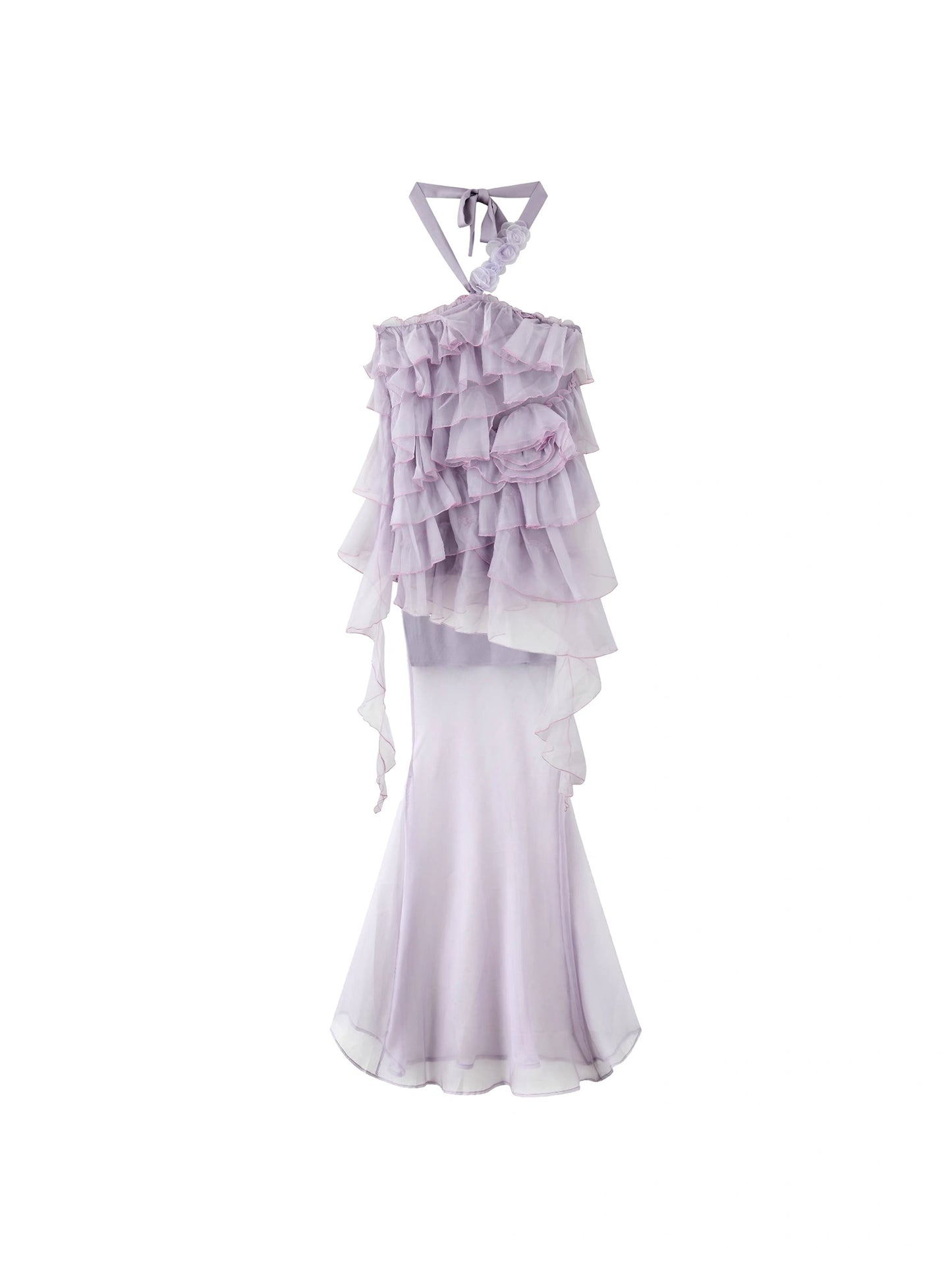 RunRunSweet | Asymmetric Mesh Rose Halter Two-Piece Mermaid Dress (2 Color)