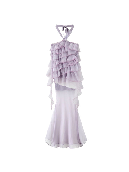 RunRunSweet | Asymmetric Mesh Rose Halter Two-Piece Mermaid Dress (2 Color)
