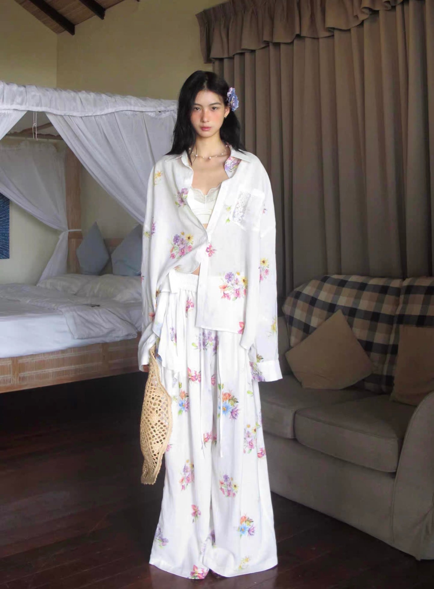 RunRunSweet | Tencel Ramie Botanical Floral Set (Shirt + Pants + Camisole Top)