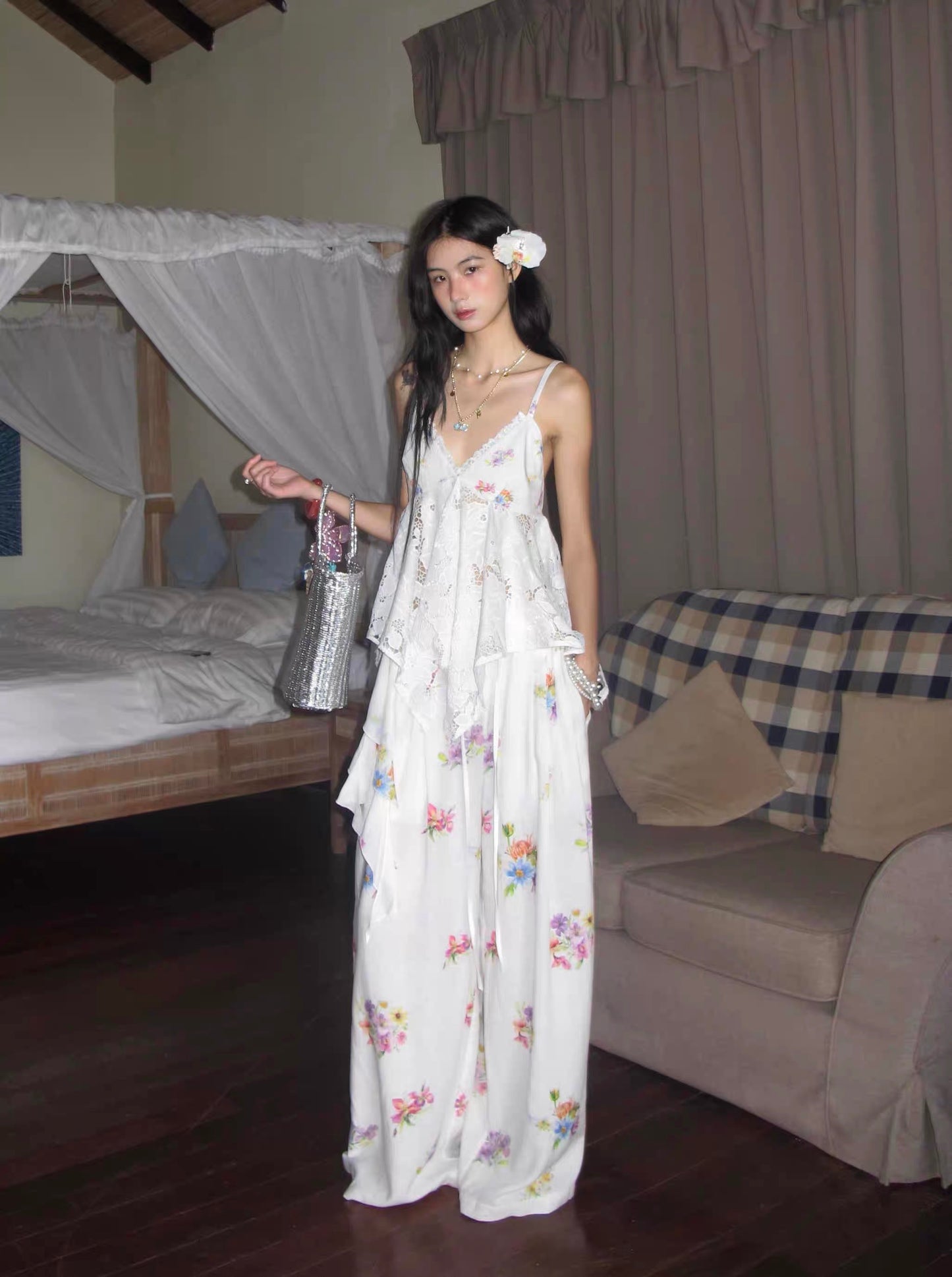 RunRunSweet | Tencel Ramie Botanical Floral Set (Shirt + Pants + Camisole Top)