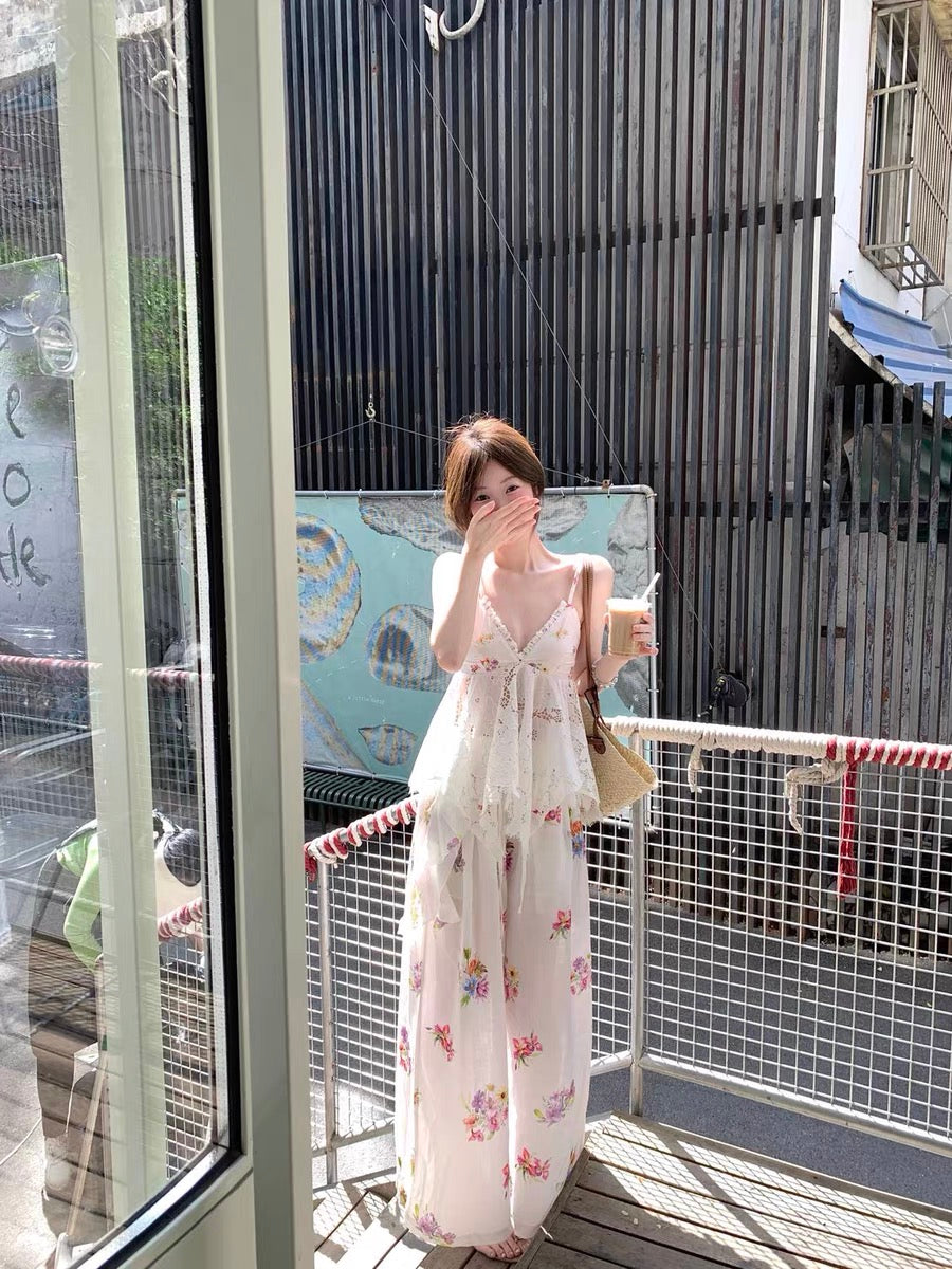 RunRunSweet | Tencel Ramie Botanical Floral Set (Shirt + Pants + Camisole Top)