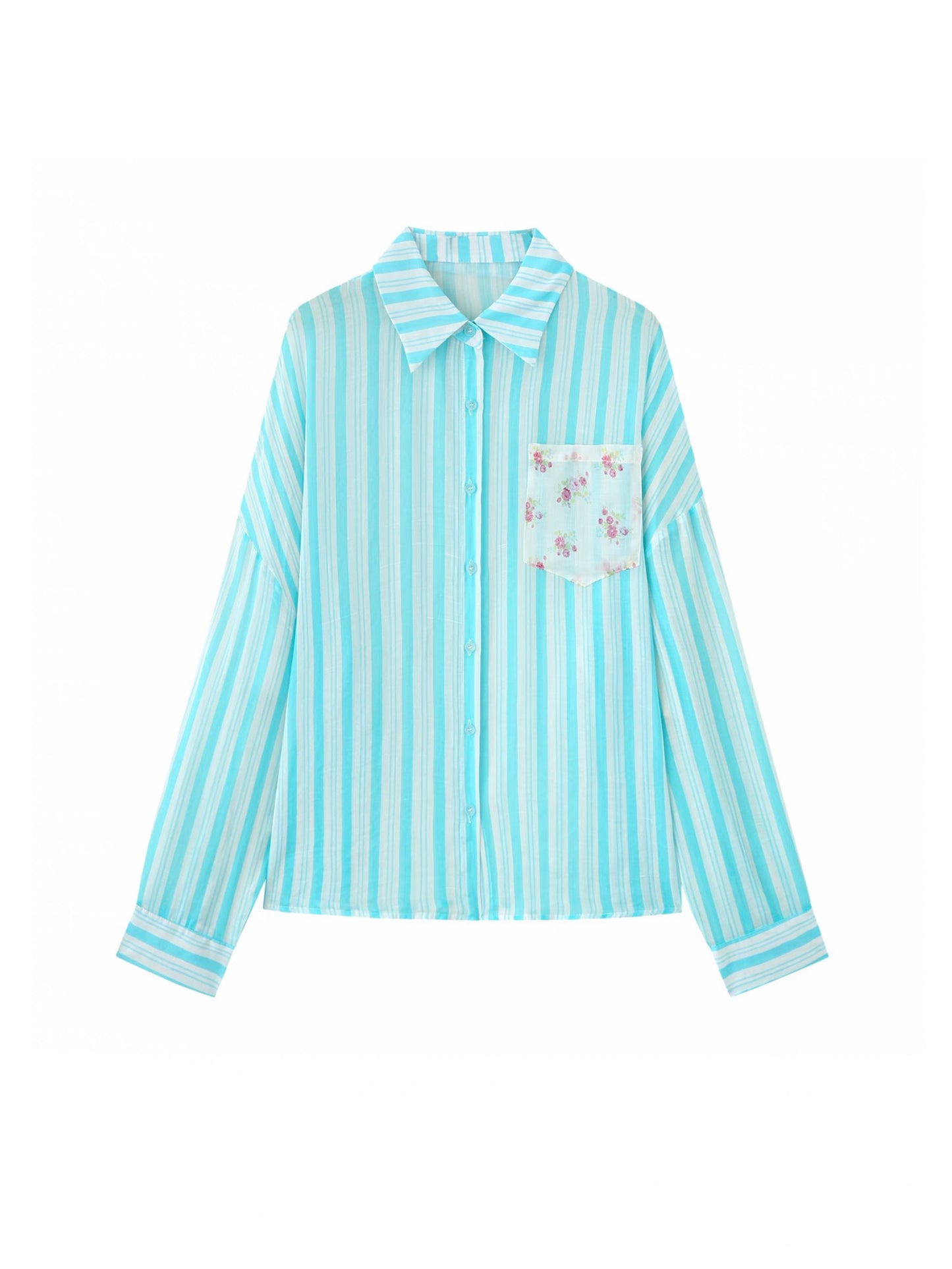 RunRunSweet | Tencel Ramie Blue Striped Floral Set (Shirt+Pants+Tube Top)