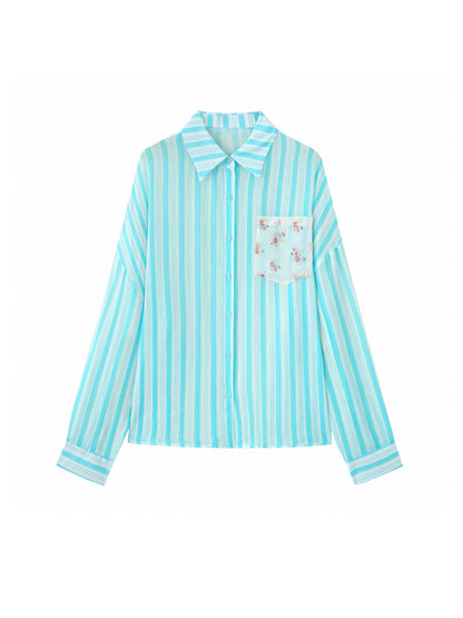 RunRunSweet | Tencel Ramie Blue Striped Floral Set (Shirt+Pants+Tube Top)
