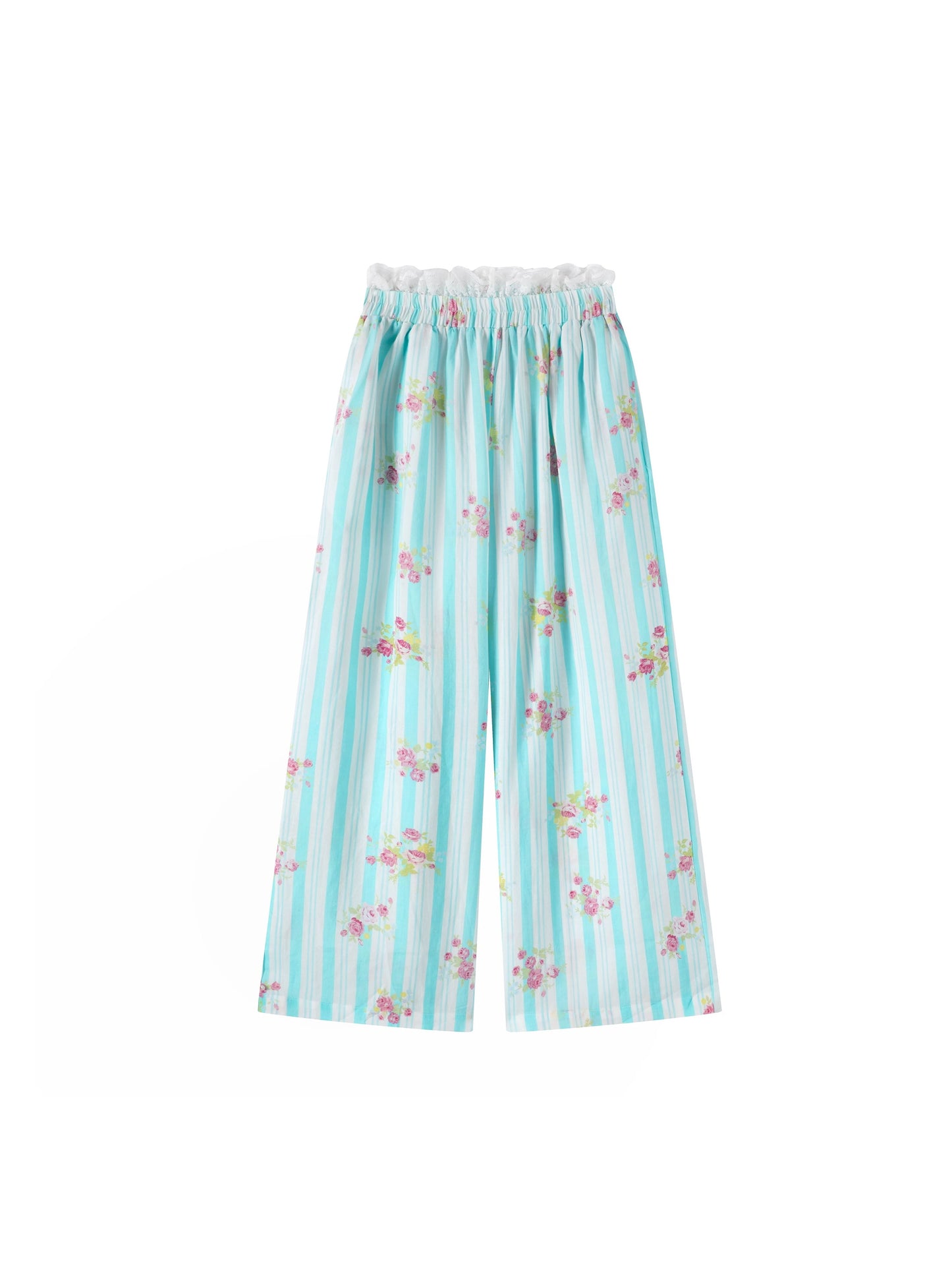 RunRunSweet | Tencel Ramie Blue Striped Floral Set (Shirt+Pants+Tube Top)