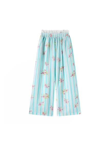 RunRunSweet | Tencel Ramie Blue Striped Floral Set (Shirt+Pants+Tube Top)
