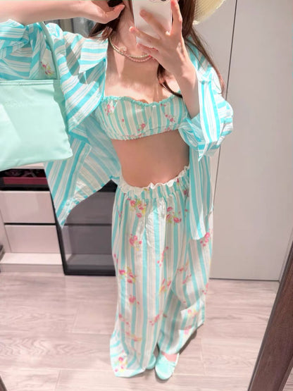 RunRunSweet | Tencel Ramie Blue Striped Floral Set (Shirt+Pants+Tube Top)