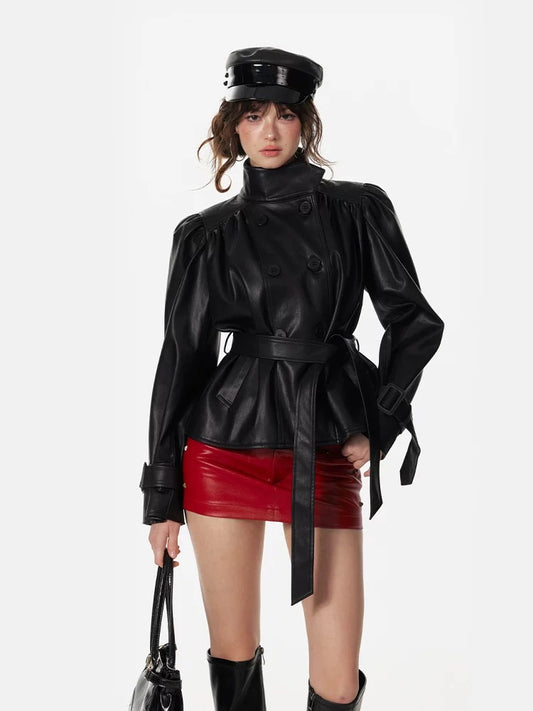 4muggle | Umbrella Pleated Stand-Collar Leather Jacket + Mini Skirt (2 Color)