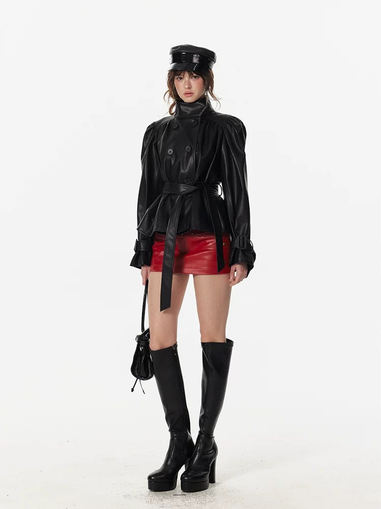 4muggle | Umbrella Pleated Stand-Collar Leather Jacket + Mini Skirt (2 Color)