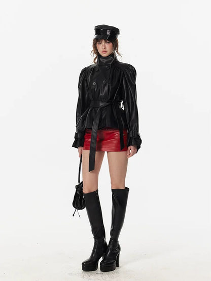 4muggle | Umbrella Pleated Stand-Collar Leather Jacket + Mini Skirt (2 Color)