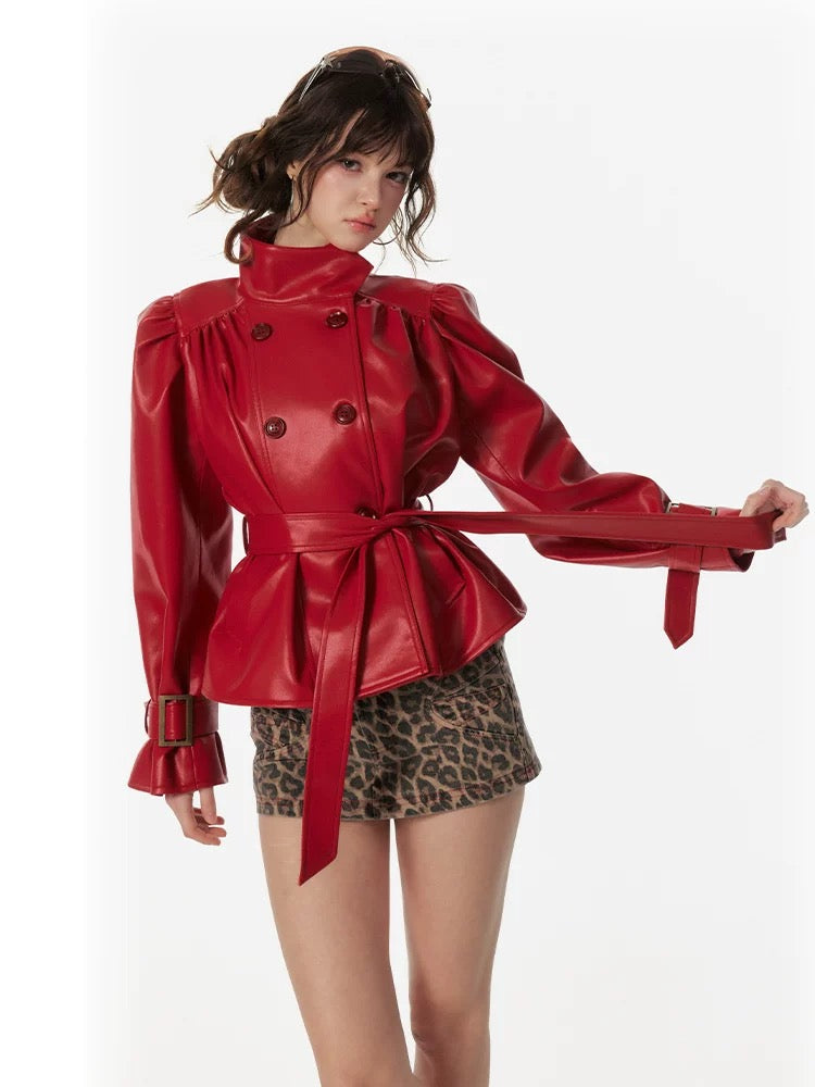 4muggle | Umbrella Pleated Stand-Collar Leather Jacket + Mini Skirt (2 Color)