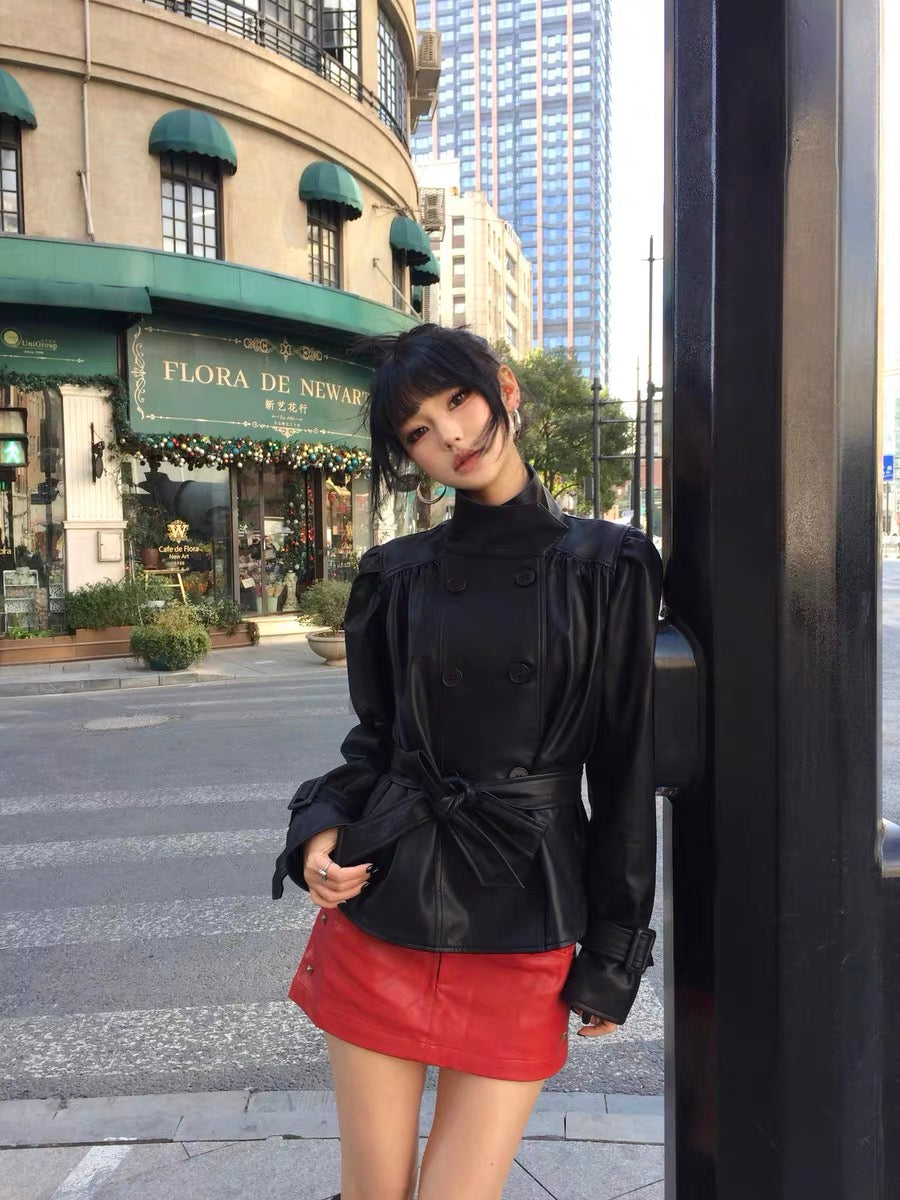 4muggle | Umbrella Pleated Stand-Collar Leather Jacket + Mini Skirt (2 Color)