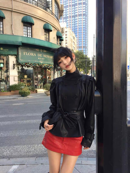 4muggle | Umbrella Pleated Stand-Collar Leather Jacket + Mini Skirt (2 Color)